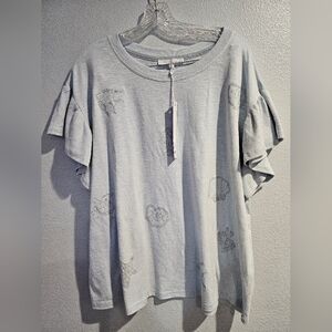 Jane + Delancey Knit Top  Embroidered Ruffled Sleeves Nautical Ocean Blue 1X